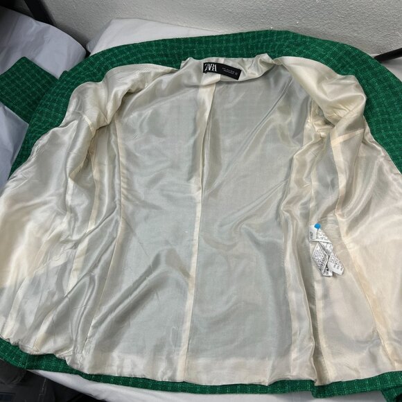 Zara Textured Double Breasted Blazer Coat Jacket Gold Button Green Plaid Large - Picture 16 of 16